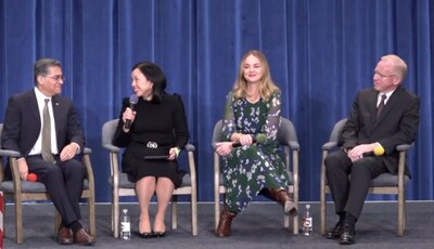 Secretary Xavier Becerra of the Department of Health and Human Services; Liz Yee, EVP of Programs at The Rockefeller Foundation; Dani Dudeck, Chief Corporate Affairs Officer at Instacart; and Vince Hall, Chief Government Relations Officer at Feeding America appear on a panel at the 2024 HHS Food is Medicine Summit. [Photo courtesy of HHS livestream]
