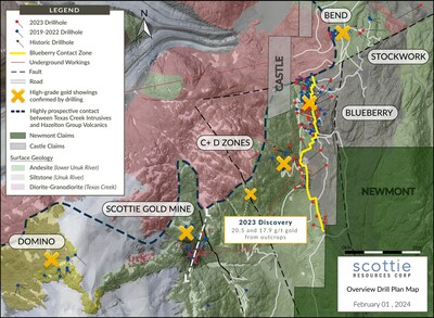 Figure 1: Overview plan view map of the Scottie Gold Mine Project, illustrating the locations of the mineralized zones and the reported cross-section (Figure 2) from this release. (CNW Group/Scottie Resources Corp.)