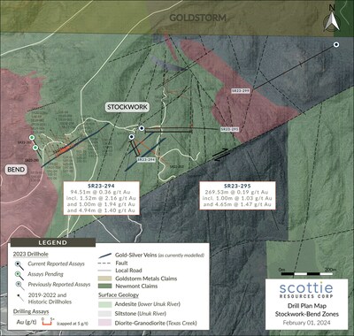 Figure 3: Plan view map of the Bend and Stockwork Zones, illustrating the locations of the 2023 drilled holes. (CNW Group/Scottie Resources Corp.)