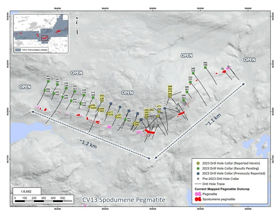 Figure 1: Drill holes completed through 2023 at CV13 Spodumene Pegmatite. (CNW Group/Patriot Battery Metals Inc) Figure 1: Drill holes completed through 2023 at CV13 Spodumene Pegmatite. (CNW Group/Patriot Battery Metals Inc)