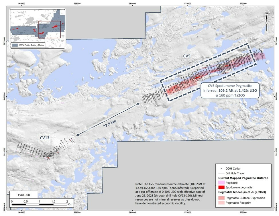 Figure 4: Corridor remaining to be drill tested between the CV5 & CV13 spodumene pegmatites. (CNW Group/Patriot Battery Metals Inc)