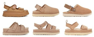 Top Row: The GoldenGlow Sandal, $100; The Goldenstar Clog, $130; The Goldencoast Clog, $130 Bottom Row: The Goldenstar Hi Slide Sandal, $160; The Goldenstar Strap, $130; The Goldenstar Sandal, $120
