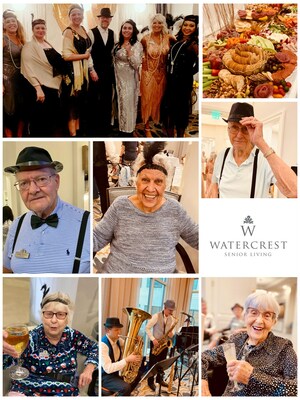 Watercrest Santa Rosa Beach Assisted Living and Memory Care 'parties like Gatsby' at their Roaring 20's Cocktail Party, one of many signature programming events residents enjoy at the luxury senior living community in Santa Rosa Beach, Florida.