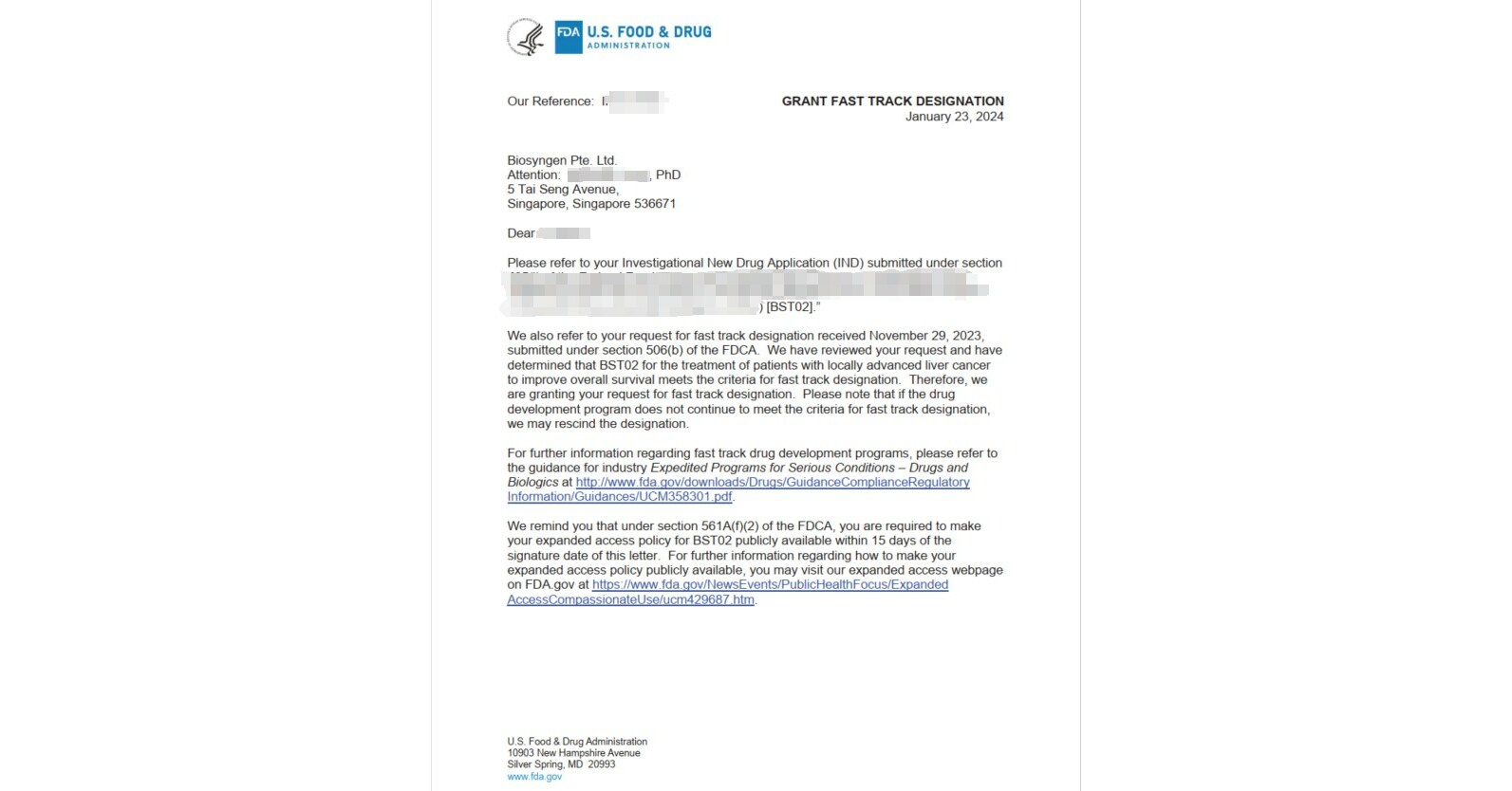 Biosyngen Announces FDA Fast Track Designation for BST02 in Treatment of Liver Cancer