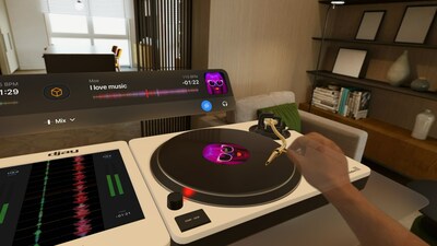 Algoriddim's djay for Apple Vision Pro features a groundbreaking spatial interface with hyper-realistic 3D turntables, intuitive gesture control, and immersive environments