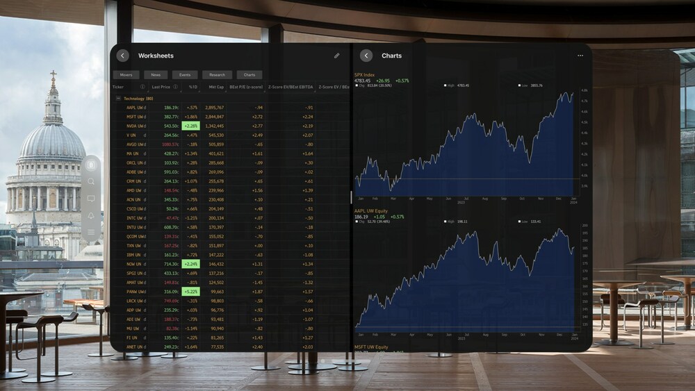 View Worksheets and Price Charts Simultaneously on Vision Pro with Bloomberg Split Screen: See streaming price data for the securities in your Worksheets while referencing their historical price charts using Bloomberg Split Screen.