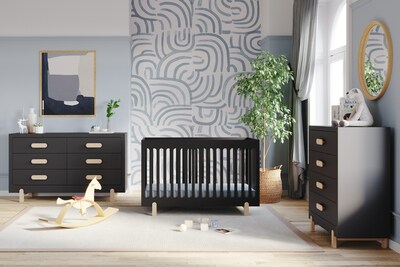 Child Craft's Park Heights Collection 3-Piece Nursery Furniture Set with double dresser, 4-in-1 Euro Crib and Chest, pictured in Caviar Black