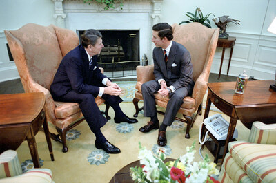 5/1/1981 President Reagan during a visit with Prince Charles sitting by fireplace in the Oval Office