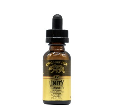 King Harvest Unity Tincture is a balanced Hybrid THC therapy, meticulously formulated for a holistic wellness experience.