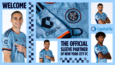The 2024 NYCFC First Team kit with Capital Rx's logo on the right sleeve.