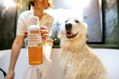 Dogtopia's Aloe & Oatmeal Shampoo that naturally soothes skin and promotes a healthy, soft, and shiny coat.