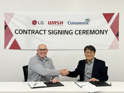 Jim Gimeson, CEO of leading B2B laundry service provider WASH, and Sam Kim, president of Home Appliances for LG Electronics USA, sign agreement to expand current relationship in North America, bringing new laundry solutions to multi-family housing and student residences.