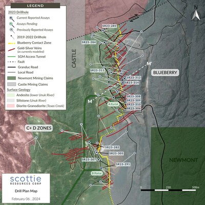 Figure 1: Overview plan view map of the Blueberry Contact Zone, illustrating the locations of the reported drill results, cross-section (Figure 2), and the distribution of the modelled sulphide-rich cross-structures (CNW Group/Scottie Resources Corp.)