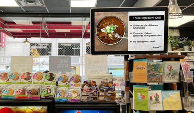 Grocery TV's 'Kitchen Chronicles' entertainment channel featured in D'Agostino, providing weekly recipes and cooking tips to shoppers at checkout.