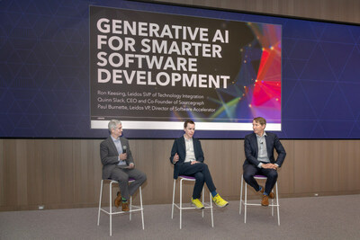 "Fireside chat" featuring (L-R) Paul Burnette, Quinn Slack and Ron Keesing during the Leidos and Sourcegraph Alliance Launch event at the Leidos global headquarters on February 6, 2024.  Sourcegraph Inc. is a company developing code search and code intelligence tools that semantically indexes and analyzes large codebases so that they can be searched across commercial, open-source, local, and cloud-based repositories using Artifical Intelligence (AI) within strict security environments to speed up software development.  Paul Burnette is Leidos Vice President, Director of Software Accelerator; Quinn Slack is the CEO and Co-Founder of Sourcegraph; and Ron Keesing is Leidos Senior Vice President of Technology Integration.