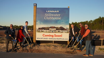 Lennar celebrates the groundbreaking on its expansive amenity package at Stillwater, a picturesque 55+ active adult master-planned community in St. Johns, Florida. Upon completion, the amenity will include a luxurious clubhouse, restaurant, golf pro shop, patio overlooking the 18th hole, an expansive lawn for events, fitness center, bar, parlor and golf cart parking. The clubhouse will join the existing swimming pool, tennis and pickle ball courts, driving range and the existing 18-hole Stillwater Golf Course. Pictured L – R: Gareth Seago, JAX Director of Sales; Melaine Raub, JAX DP; Jack Levy, JAX Director of Marketing; MG Orender, President of Hampton Golf; Justin Kuehn, VP of Sales and Marketing Hampton Golf (HOA Manager of Stillwater); Chris McKinney, JAX Director of Landing Development.