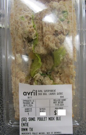 Avis de ne pas consommer de sandwich au poulet préparé et vendu par l'entreprise Avril située à Place de la Cité à Québec