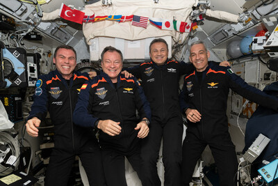 The Axiom Mission 3 (Ax-3) crewmembers, Commander Michael López-Alegría of the U.S. and Spain, Pilot Walter Villadei of Italy, and Mission Specialists Alper Gezeravc? of Türkiye and European Space Agency (ESA) Project Astronaut Marcus Wandt of Sweden, float in microgravity during their mission to the International Space Station with Axiom Space. 