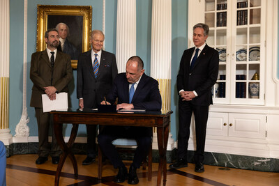 (From left) Ioannis Daglis, president of the Hellenic Space Center, NASA Administrator Bill Nelson, and U.S. Secretary of State, Antony Blinken, watch as Giorgos Gerapetritis, Greek foreign minister, signs the Artemis Accords on the margins of the U.S.-Greece Strategic Dialogue at the Department of State in Washington, Feb. 9, 2024. Credits: Official State Department photo by Chuck Kennedy