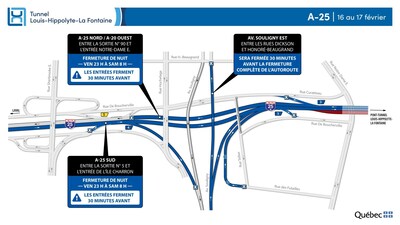Légende : Fermeture complète de l'autoroute 25 dans les deux directions durant la nuit du 16 au 17 février (Groupe CNW/Ministère des Transports et de la Mobilité durable)