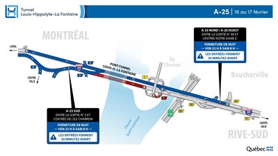 Légende : Fermeture complète du tunnel dans les deux directions durant la nuit du 16 au 17 février (Groupe CNW/Ministère des Transports et de la Mobilité durable)
