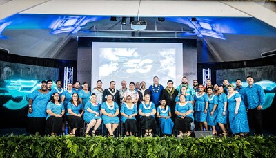 Board members, management, and staff of Bluesky, Ericsson management representatives, and Bluesky parent company Amalgamated Telecom Holdings Limited CEO, at Bluesky’s new 5G NSA network launch event at the Rex Lee Auditorium in Utulei. American Samoan musician Jerome Grey also pictured as he provided a special performance at the launch event.
