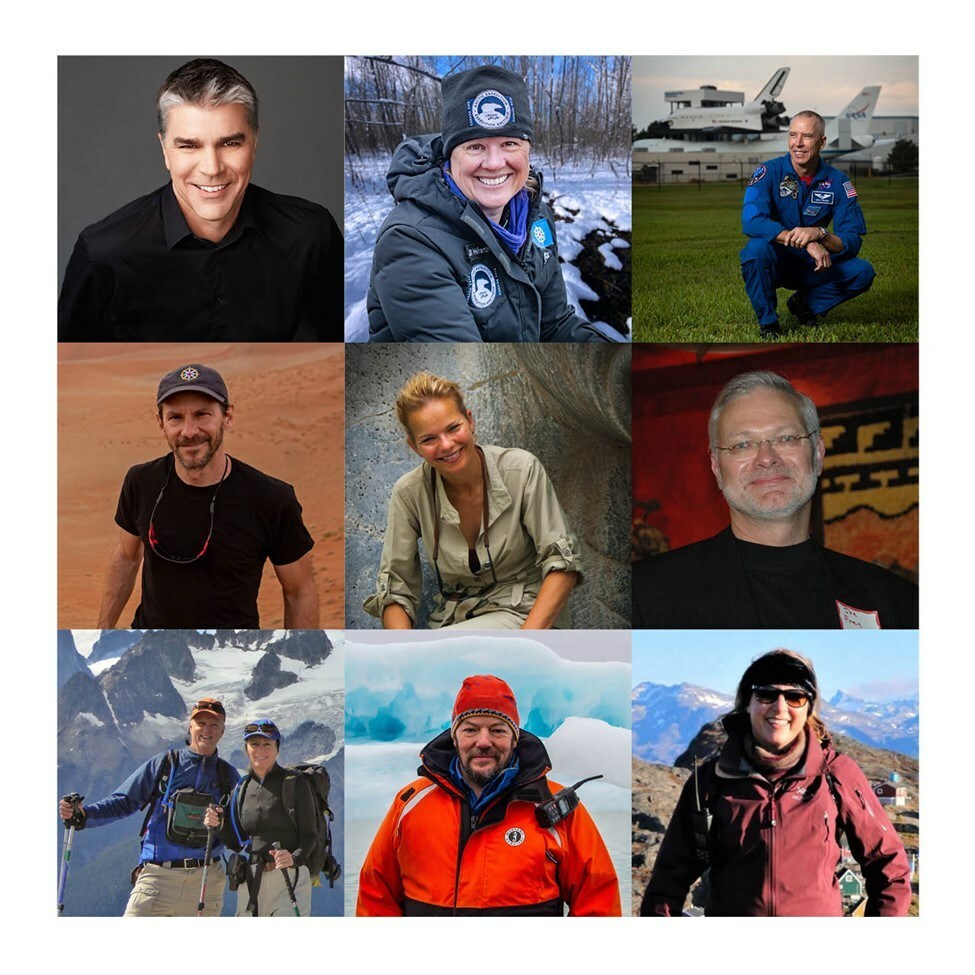 Cunard Announces Royal Canadian Geographical Society Speaker Line-up for 2024 Alaska Season - From top left: RCGS members David Gray, Jill Heinerth, Andrew Fuestel, George Kourounis, Patricia Sims, Joseph Frey, Brian and Dee Keating, Russell Potter, Lynn Moorman (Image at LateCruiseNews.com - February 2024)