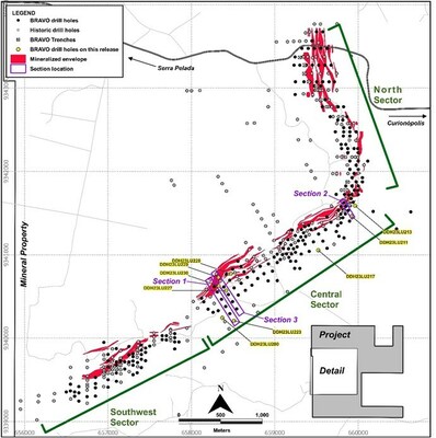 Figure 4: Location of Bravo Drilling and Sections Reported in this News Release (CNW Group/Bravo Mining Corp.)