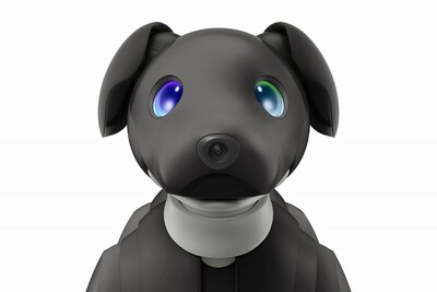 A close up of an ERS-1000B aibo Espresso Edition with the an “odd eyes” eye color selected.