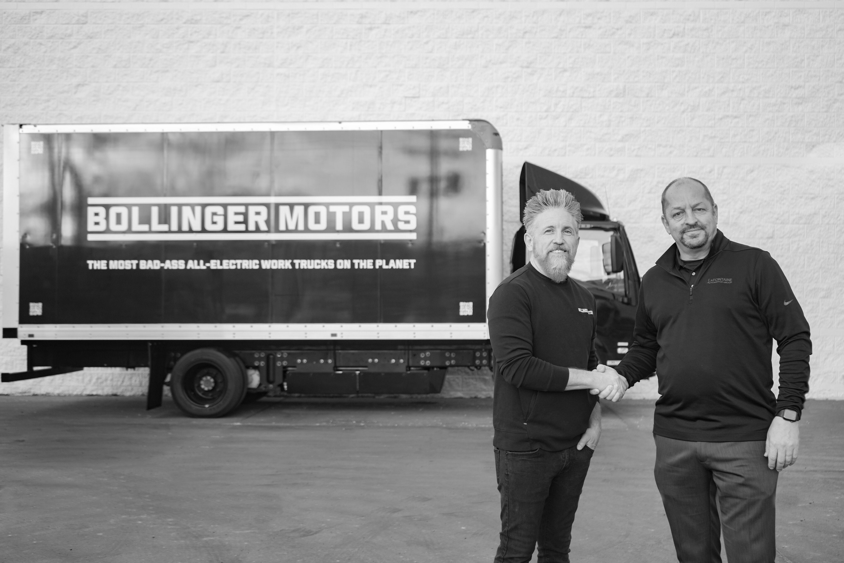 Jim Connelly, chief revenue officer at Bollinger Motors. and Brian Frania, commercial and fleet director, LaFontaine Automotive Group, are kicking off the first sales and service dealership in Michigan for the commercial electric vehicle manufacturer.