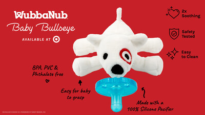 Available exclusively at Target.com, Baby Bullseye features WubbaNub's patented pacifier-plush design with the famous Bull Terrier's signature red markings - making it the perfect companion for your tiniest shopping buddy.