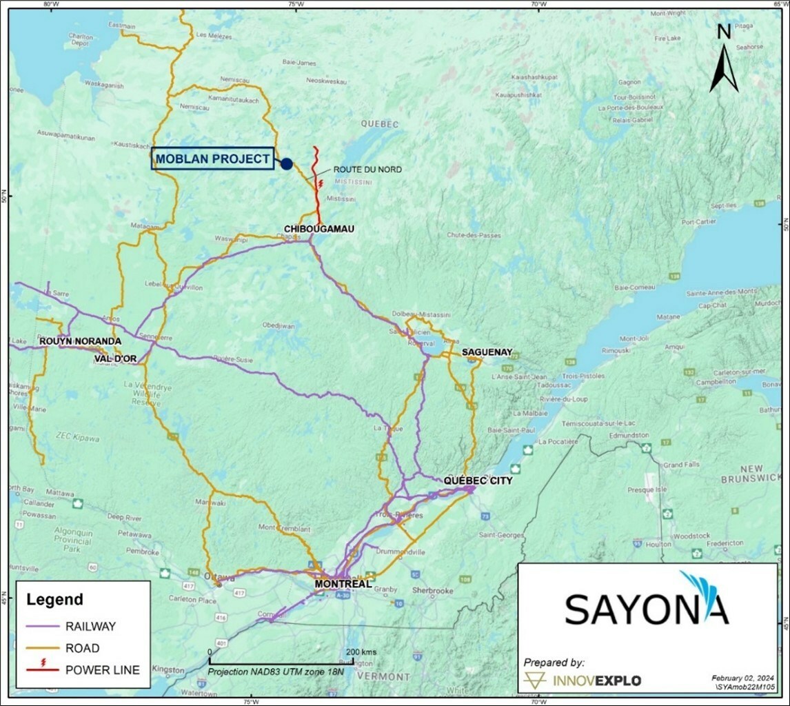 Figure 1 – Moblan property location and site access (CNW Group/SAYONA) Figure 1 – Moblan property location and site access (CNW Group/SAYONA)