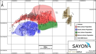 Figure 3 – Moblan Lithium Pegmatite and Diamond Drilling (2023 MRE) (CNW Group/SAYONA)