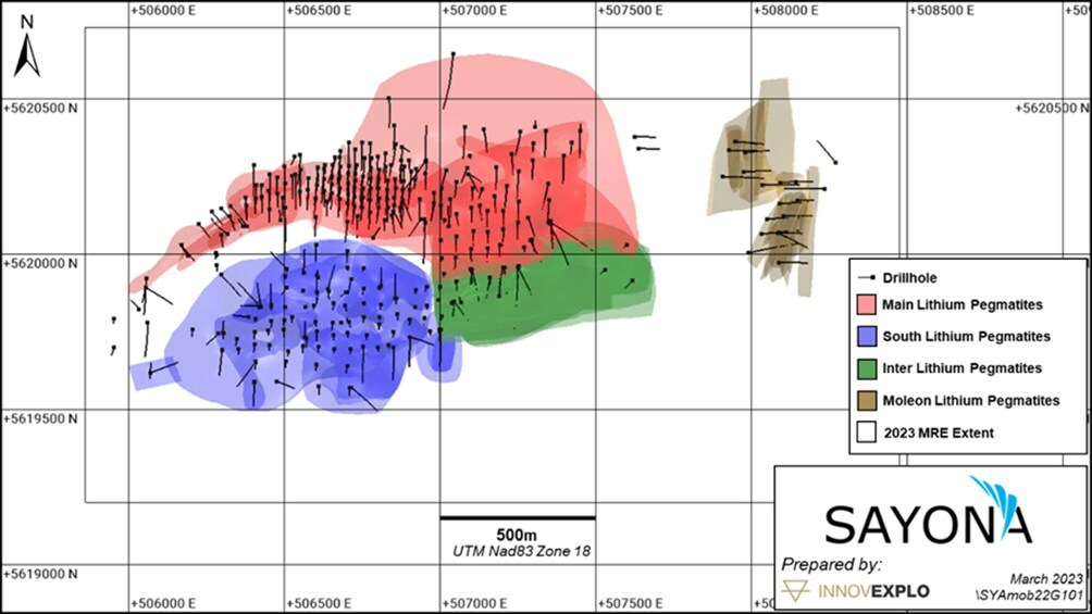 Figure 3 – Moblan Lithium Pegmatite and Diamond Drilling (2023 MRE) (CNW Group/SAYONA) Figure 3 – Moblan Lithium Pegmatite and Diamond Drilling (2023 MRE) (CNW Group/SAYONA)