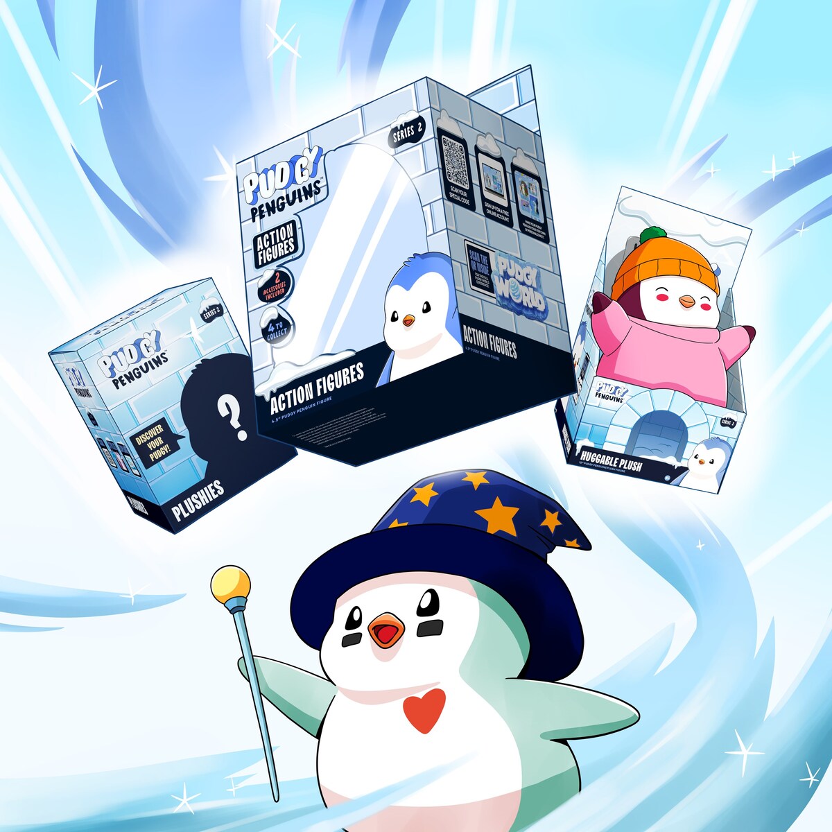 Illustrated Pudgy Penguins toy packaging and penguin characters for the Walmart toy expansion.