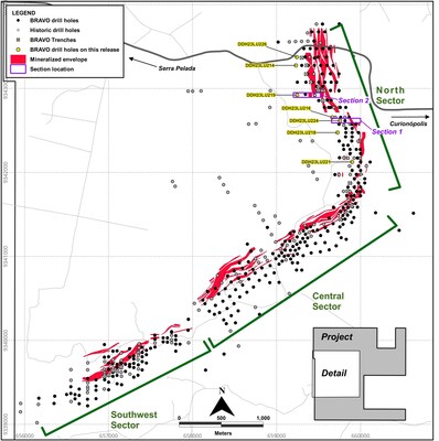 Figure 3: Location of Bravo Drilling and Sections Reported in this News Release (CNW Group/Bravo Mining Corp.)