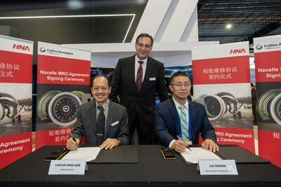 Liu Weibin, Vice President, Hainan Airlines (left), Dana Stephenson, Vice President, Aftermarket, Advanced Structures, Collins Aerospace (centre) and Cheam Hing Gee, General Manager, Asia MRO, Advanced Structures, Collins Aerospace (right)