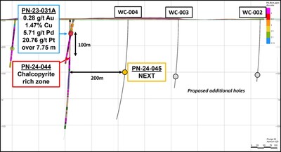 Figure 3: Longitudinal view of the PGM zone; current PN-24-044 intersected massive chalcopyrite approximately 100m below PN-23-031A. Next hole is planned at 200m east of current location. (CNW Group/Power Nickel Inc.)
