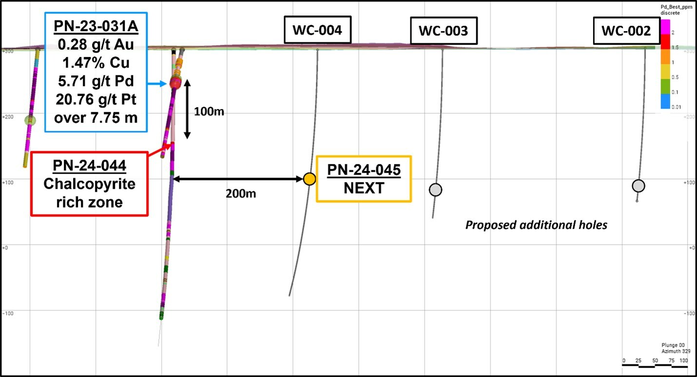 Figure 3: Longitudinal view of the PGM zone; current PN-24-044 intersected massive chalcopyrite approximately 100m below PN-23-031A. Next hole is planned at 200m east of current location.