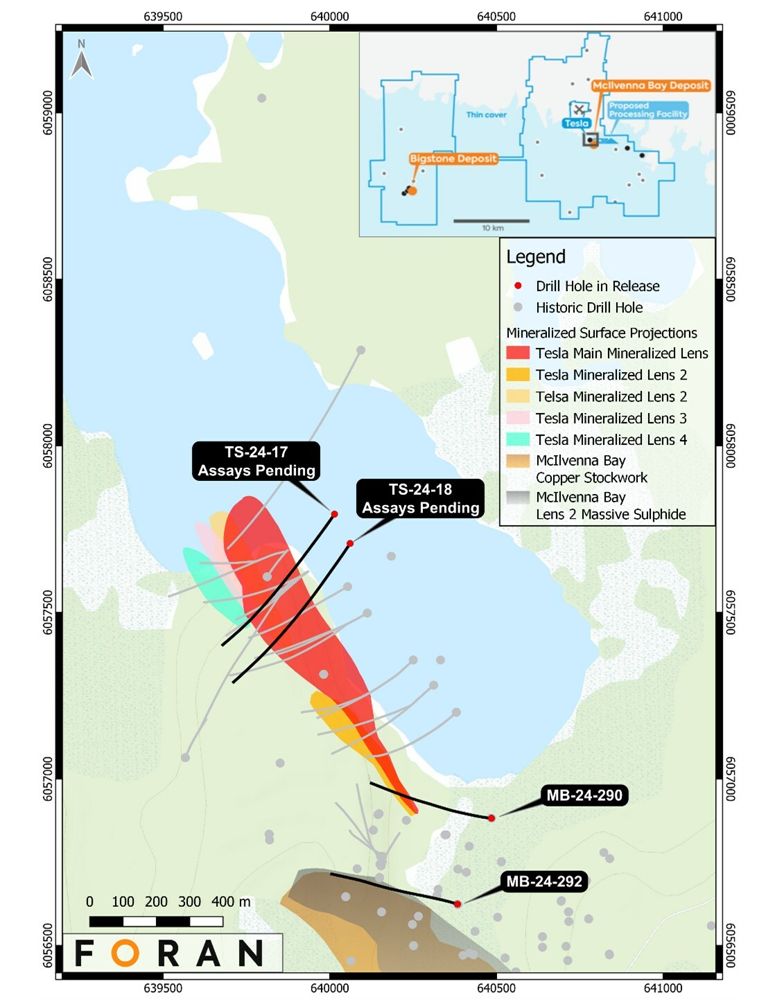 Figure 1 – Plan View of the Tesla Zone and Bridge Zone with location of drillholes referred to in this news release, also showing the surface projections of interpreted Tesla and McIlvenna Bay lenses. (CNW Group/Foran Mining Corporation) Figure 1 – Plan View of the Tesla Zone and Bridge Zone with location of drillholes referred to in this news release, also showing the surface projections of interpreted Tesla and McIlvenna Bay lenses. (CNW Group/Foran Mining Corporation)