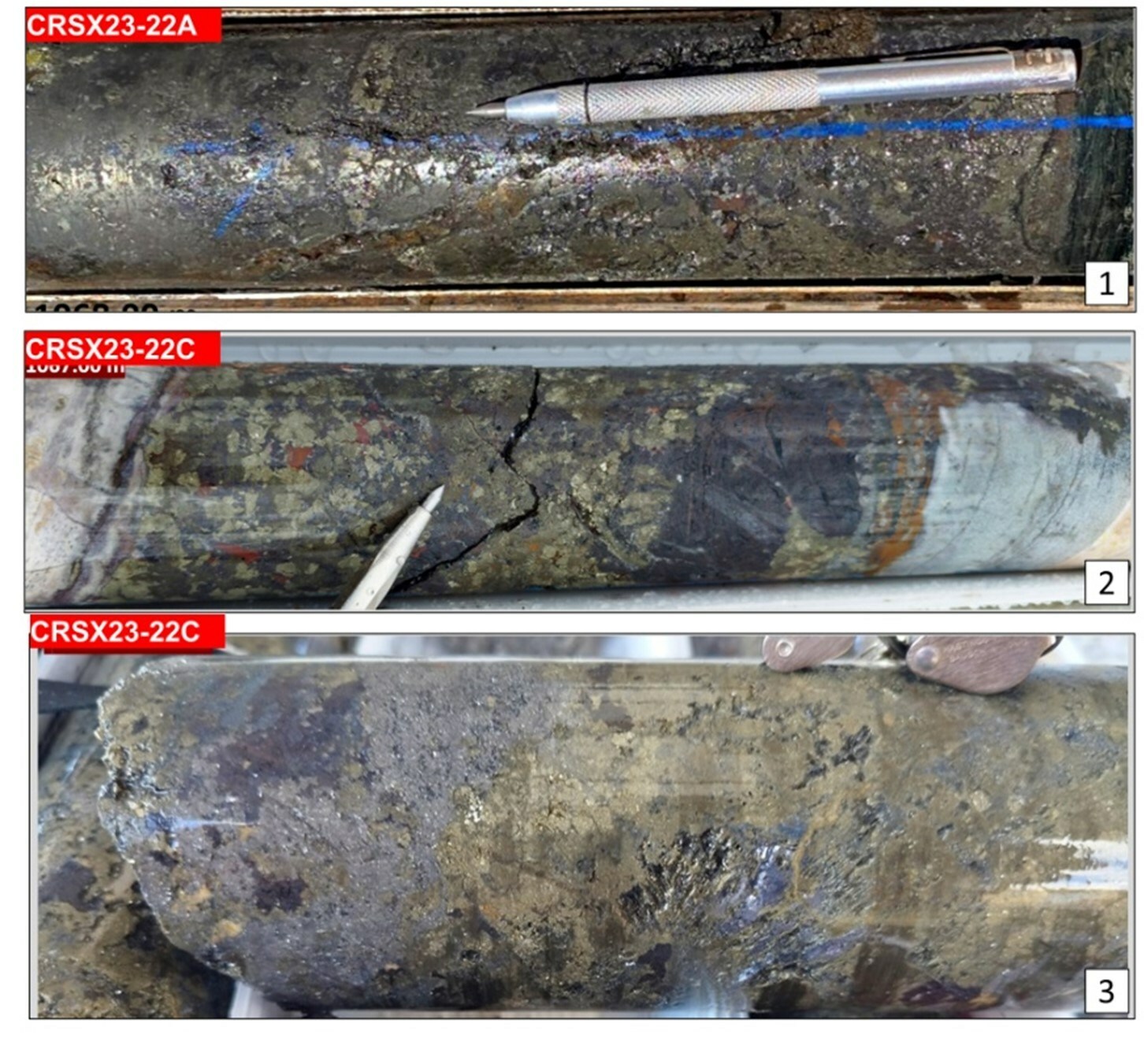 Figure 1: Examples of polymetallic (Au-Ag-Zn) massive sulphide mineralization, Camino Rojo Extension. (CNW Group/Orla Mining Ltd.) Figure 1: Examples of polymetallic (Au-Ag-Zn) massive sulphide mineralization, Camino Rojo Extension. (CNW Group/Orla Mining Ltd.)