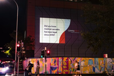 The CANNAVERSE light projection on Pitt Street in Sydney city, in support of Medical Cannabis Awareness Week 2024.