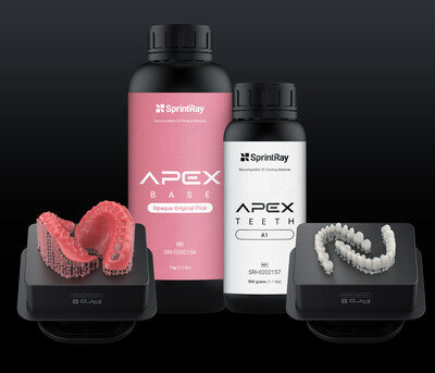 The new Apex Base and Apex Teeth denture resins for 3D printing removable dentures as part of the SprintRay ecosystem.