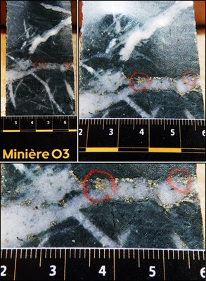 Figure 1: Photos of visible gold at 48.0 metres in hole O3MA-23-539 (CNW Group/O3 Mining Inc.)