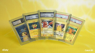 Iconic Pikachu trading cards will be up for auction, from very early printings to modern iterations and unique promos. Shop the collection for 24 hours starting Feb 27 at 12:01am EST at ebay.com/catch151.