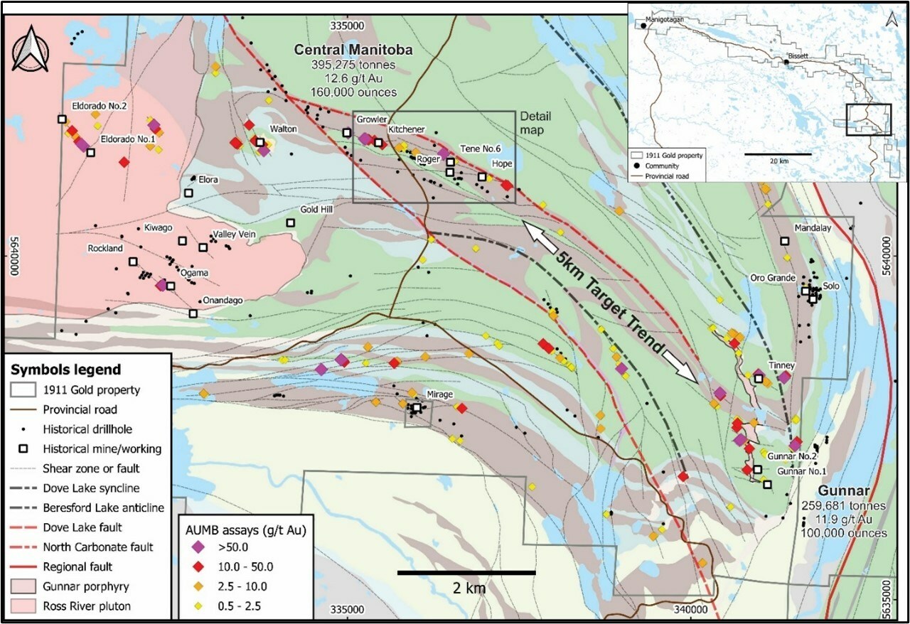Figure 1: Central Manitoba Mine Location Map With Surface Assays (CNW Group/1911 Gold Corporation) Figure 1: Central Manitoba Mine Location Map With Surface Assays (CNW Group/1911 Gold Corporation)