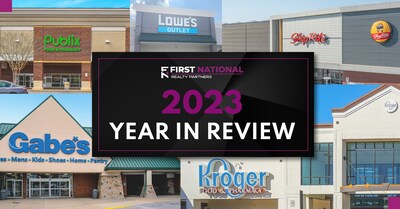 First National Realty Partners' 2023 portfolio additions including: a Kroger and Publix anchored shopping center portfolio, a Shoprite-anchored shopping center, Lowe's Outlet Concept at Champions Village, and Gabe's at Mark Twain Village.