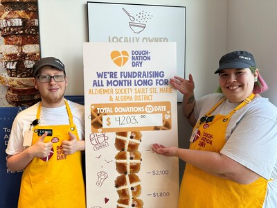 Logan and Tasha at COBS Bread Churchill Plaza in Sault Ste. Marie at the Doughnation thermometer, proudly sharing that the team is beating their original fundraising goal for Alzheimer Society Sault Ste. Marie & Algona District. They hope to achieve +$6,000 by the end of the fundraiser. (CNW Group/BD Canada Ltd. (COBS Bread))