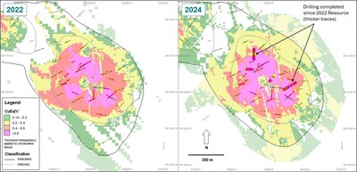 Figure 4. Plan view at 470 mRL displaying the change in distribution of CuEq grade at Cuerpo 3, Cortadera, between March 2022 and February 2024 MREs. Resource blocks and Classification boundaries are shown at the RL intersection, while drillholes are displayed within +/-100 m of the RL. *Refer to Table 3 for CuEq calculation (CNW Group/Hot Chili Limited)