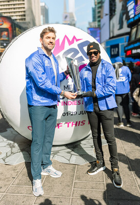 Cricket legends Dwayne Bravo and Liam Plunkett celebrate the countdown to the ICC Men's T20 World Cup in Times Square.